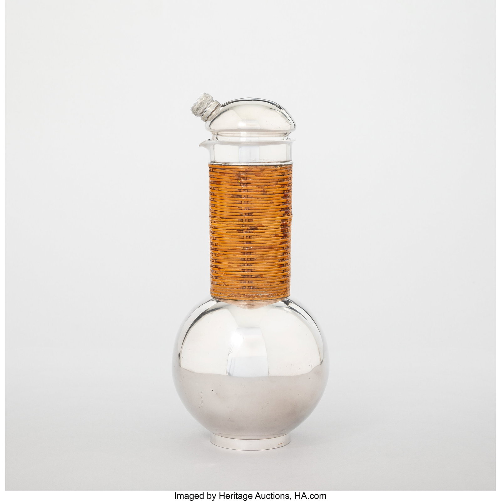 Paul Lobel Important and Rare Cocktail Shaker, c: Paul Lobel Important and Rare Cocktail Shaker, circa 1935 Silver-plated metal, wicker 11-1/8 x 5 x 5 inches (28.3 x 12.7 x 12.7 cm) Impressed to undersid