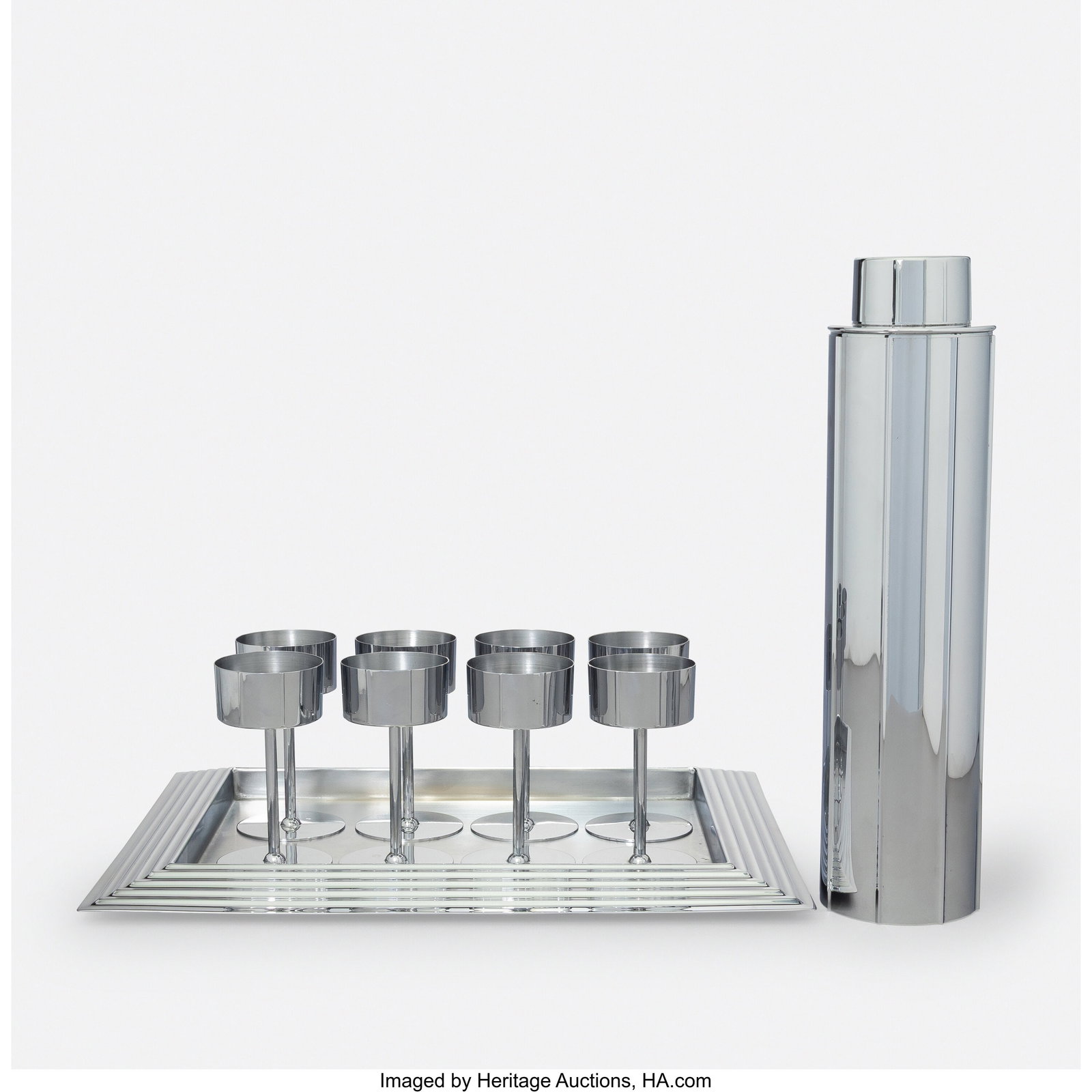 Norman Bel Geddes for Revere Copper & Brass Co.: Norman Bel Geddes for Revere Copper & Brass Co. Ten-Piece Manhattan Cocktail Set, circa 1935 Chrome-plated metal 13-1/8 x 3-1/4 inches (33.3 x 8.3 cm)