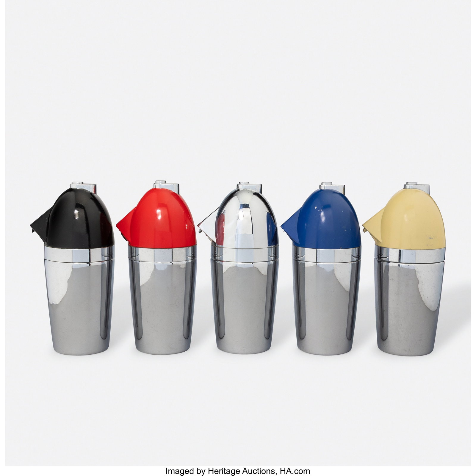 Norman Bel Geddes for Walter Kidde Sales Co. Fiv: Norman Bel Geddes for Walter Kidde Sales Co. Five Soda King Syphon Bottles, circa 1935 Chrome-plated metal, enameled aluminum 9-3/4 inches (24.8 cm) (each&