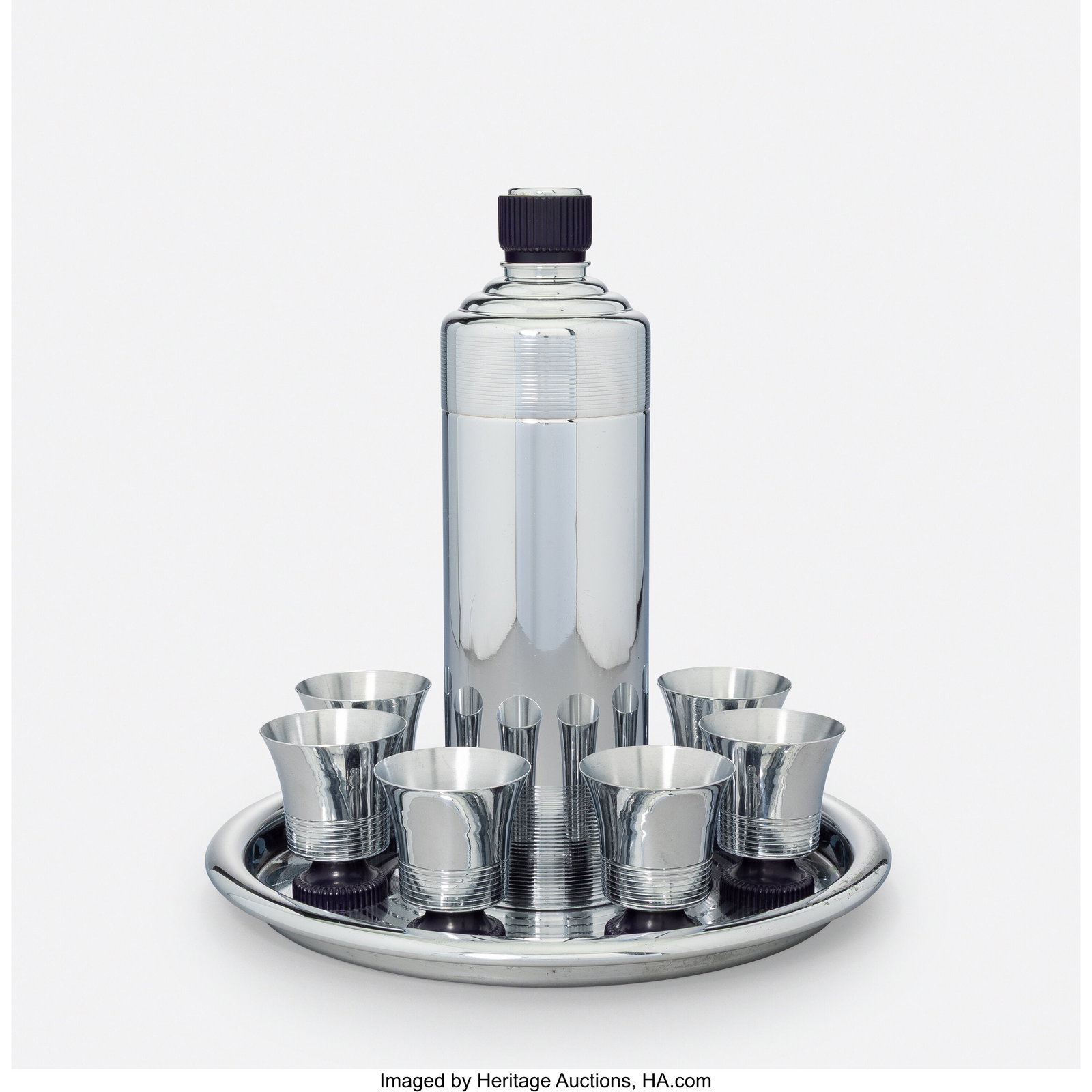 Chase Brass & Copper Co. Eight-Piece Navy Doric: Chase Brass & Copper Co. Eight-Piece Navy Doric Cocktail Set, circa 1930s Chrome-plated metal, Bakelite 12 x 3-1/2 inches (30.5 x 8.9 cm) (talle