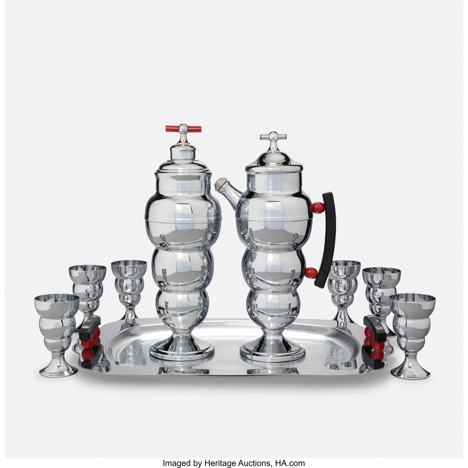 S. W. Farber Company Nine-Piece Cocktail Set, ci: S. W. Farber Company Nine-Piece Cocktail Set, circa 1930 Chromed metal, Bakelite, wood 13-3/4 x 4-1/2 x 4-1/2 inches (34.9 x 11.4 x 11&pe