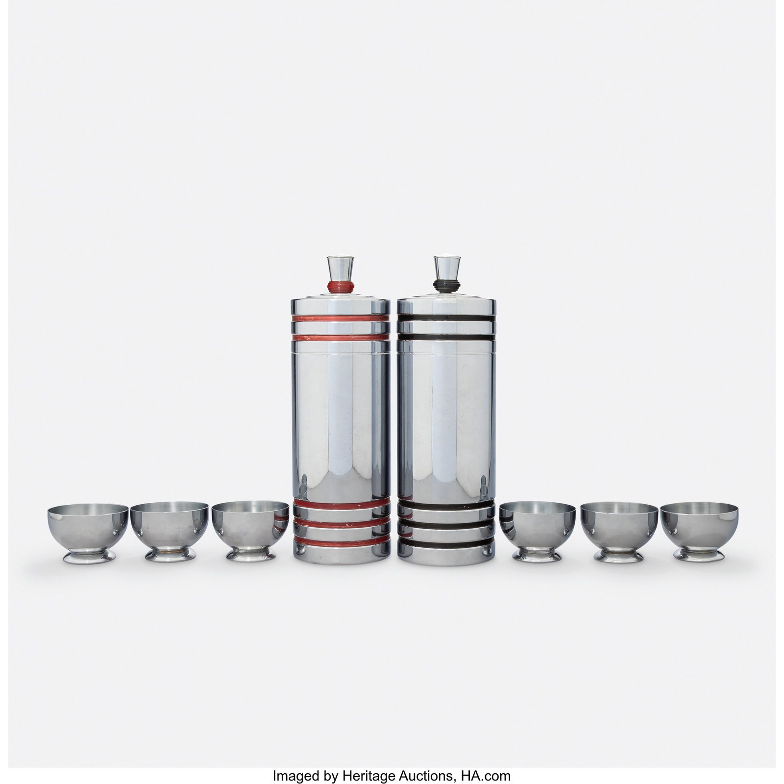 Chase Brass & Copper Co. Eight-Piece Gaiety Coc: Chase Brass & Copper Co. Eight-Piece Gaiety Cocktail Set, circa 1933 Chrome-plated metal 11-1/2 x 3-5/8 x 3-5/8 inches (29.2 x 9.2 x 9.2 cm)