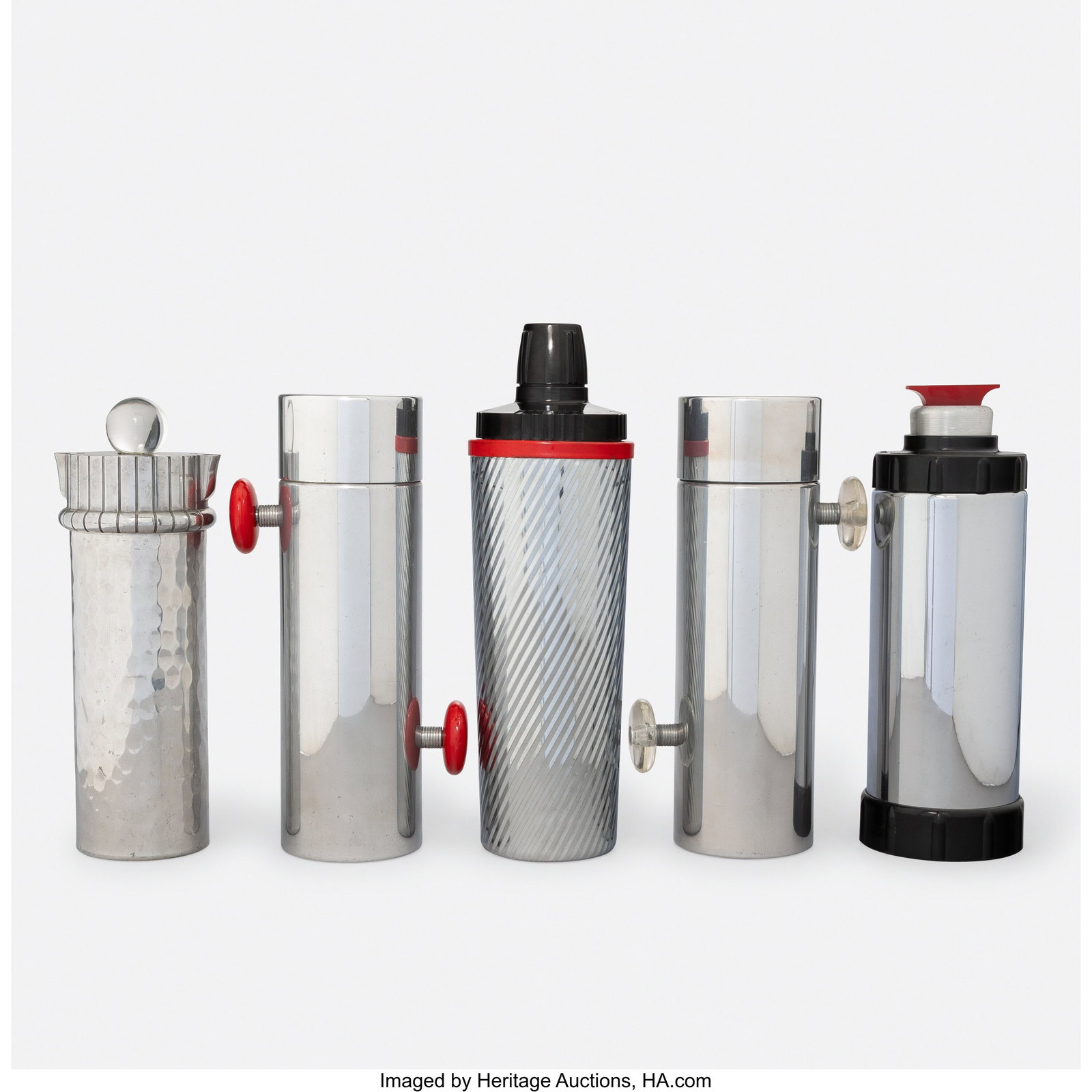 American Group of Five Cocktail Shakers, mid-20t: American Group of Five Cocktail Shakers, mid-20th century Aluminum, Bakelite, Lucite 13-1/8 x 4 x 4 inches (33.3 x 10.2 x 10.2 cm) (tallest&co