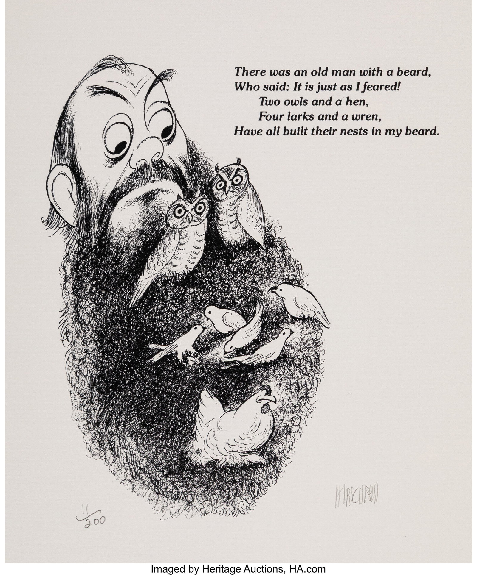 Al Hirschfeld (American, 1903-2003) Owls in my B: Al Hirschfeld (American, 1903-2003) Owls in my Beard, Edward Lear Limerick Lithograph on wove paper 14 x 11 inches (35.6 x 27.9 cm) (sheet) Ed&p