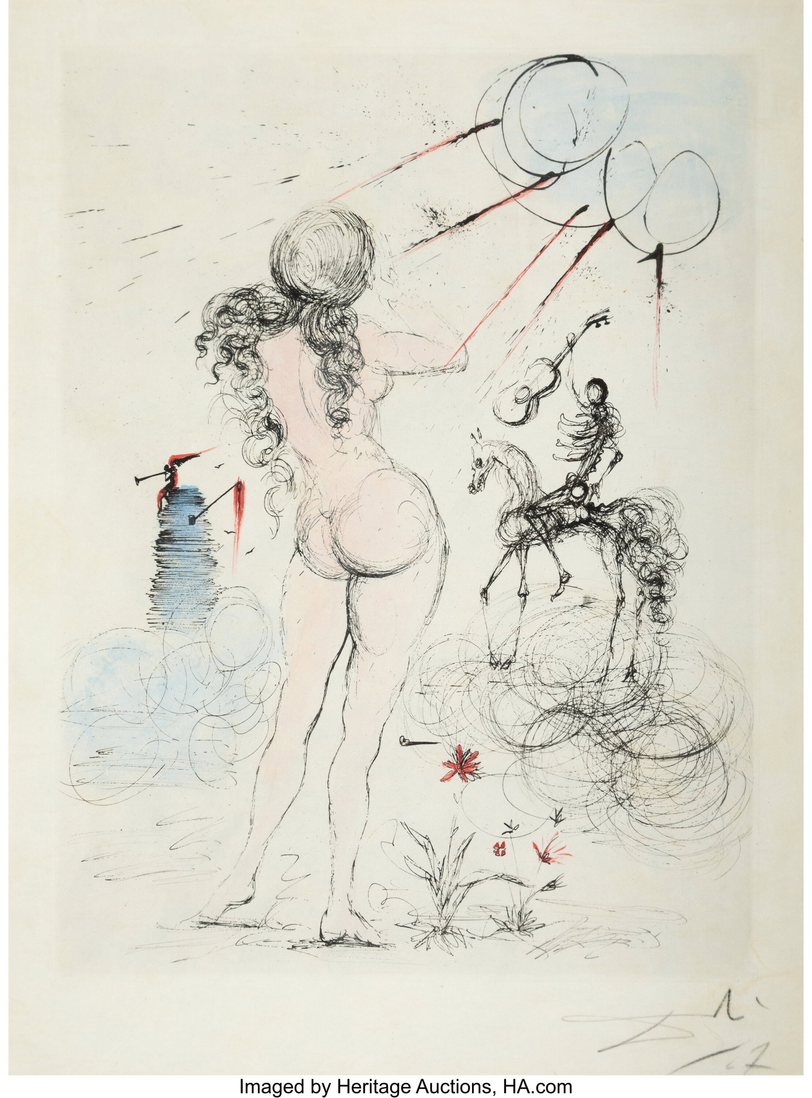 Salvador Dalí (1904-1989) Nu, cheval, et la Mor: Salvador Dalí (1904-1989) Nu, cheval, et la Mort, from Poèmes Secrets, 1967 Engraving, etching, and hand coloring on Japon paper 14-1/2