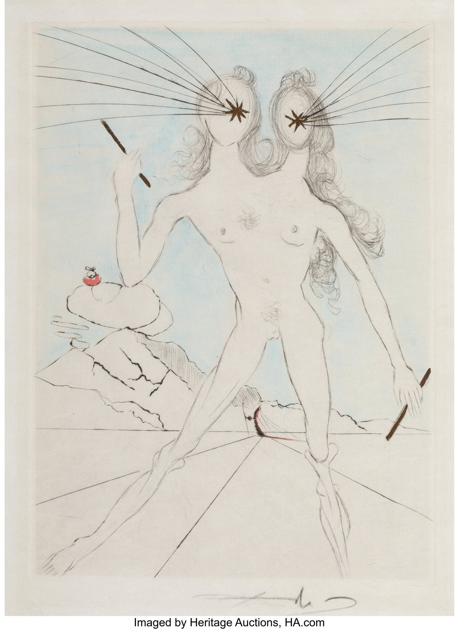 Salvador Dalí (1904-1989) Bicephale (personnage: Salvador Dalí (1904-1989) Bicephale (personnage à dues têtes), from Les amours de Cassandre, 1968 Engraving with hand coloring on Japon paper 15 x 1