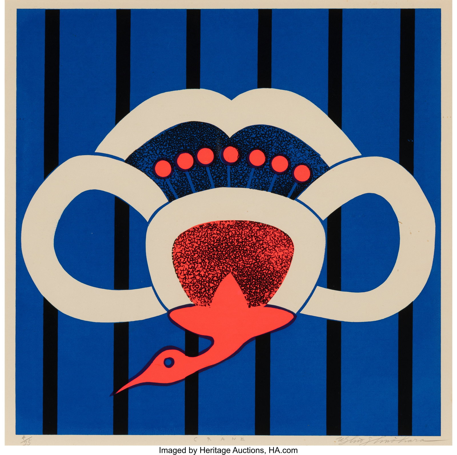 Ushio Shinohara (Japanese, b. 1932) Crane Screen: Ushio Shinohara (Japanese, b. 1932) Crane Screenprint in colors on wove paper 22-1/2 x 28-1/2 inches (57 x 72.5 cm) (sheet) Ed. 4/2