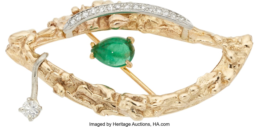 Synthetic Emerald, Diamond, Platinum, Gold Brooc (1 of 1)
