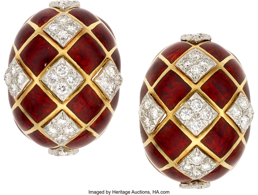 David Webb Diamond, Enamel, Platinum, Gold Earri: David Webb Diamond, Enamel, Platinum, Gold Earrings Stones: Full-cut diamonds weighing a total of approximately 1.45 carats Element: Enamel Metal: Platinum a