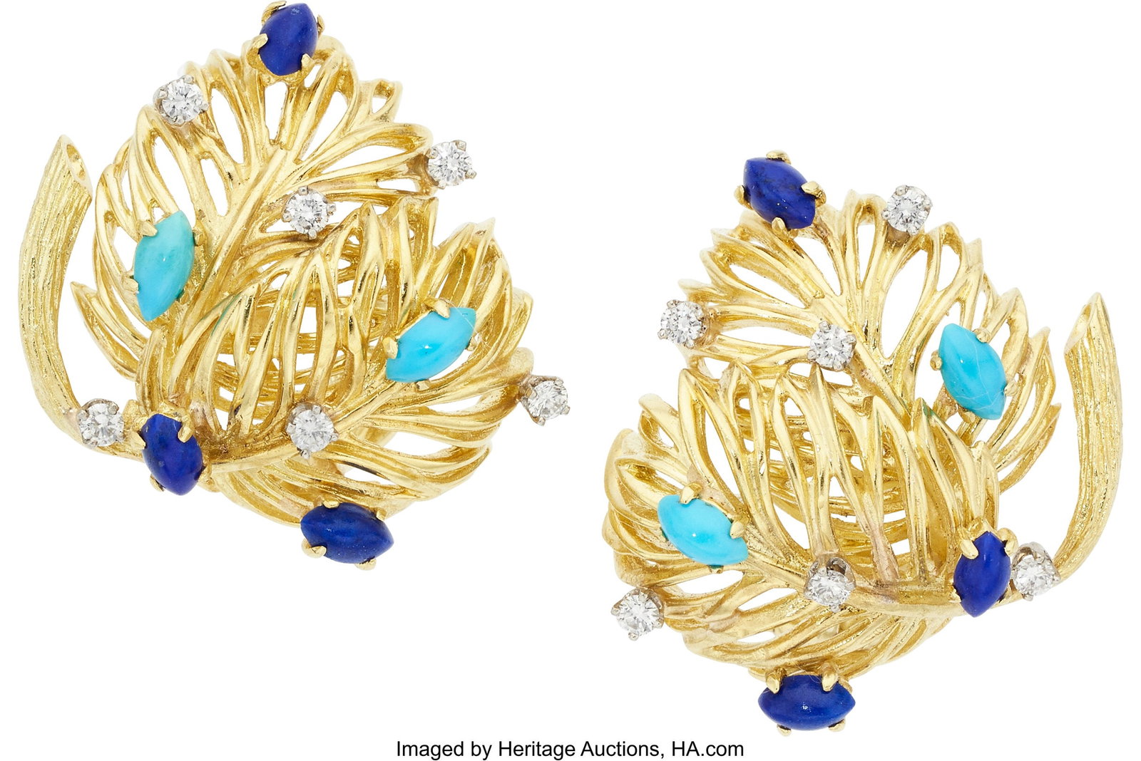 Diamond, Multi-Stone, Gold Earrings Stones: Ful: Diamond, Multi-Stone, Gold Earrings Stones: Full-cut diamonds weighing a total of approximately 0.45 carat; marquise-shaped lapis lazuli and turquoise cabochons Metal&col