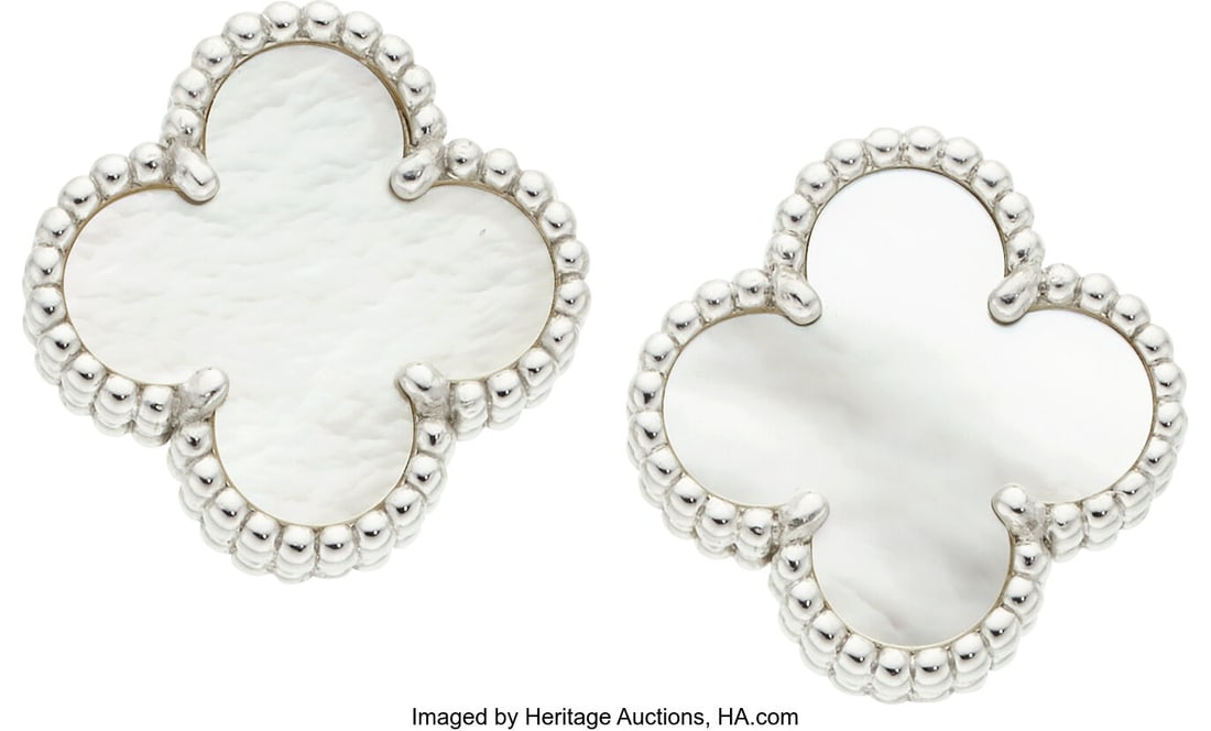 Van Cleef & Arpels Mother-of-Pearl, White Gold E: Van Cleef & Arpels Mother-of-Pearl, White Gold Earrings, French Stones: Carved mother-of-pearl Metal: 18k white gold Marked: VCA, French hallmarks, Swiss