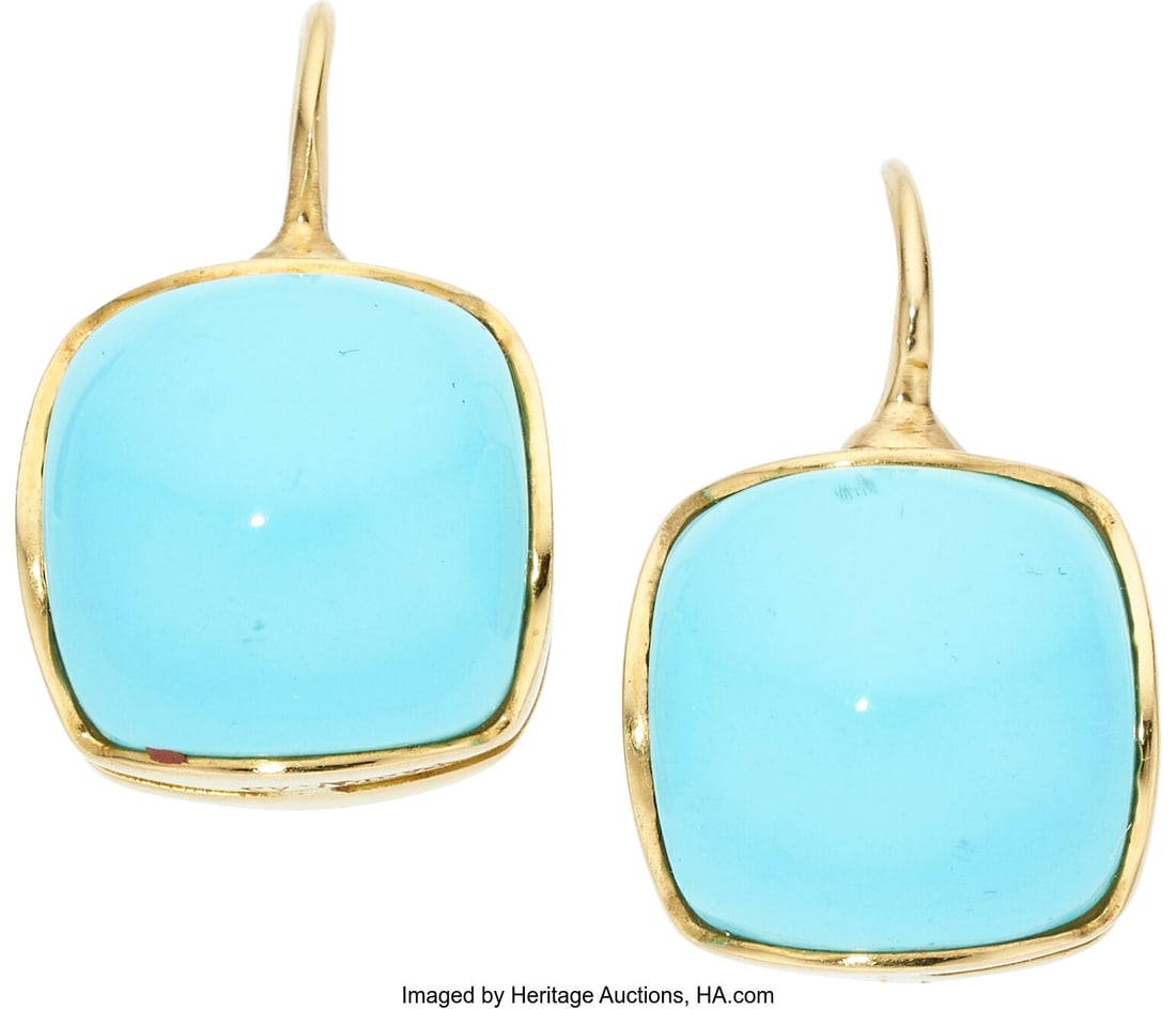 Eva Nueva Turquoise, Mother-of-Pearl, Gold Earri: Eva Nueva Turquoise, Mother-of-Pearl, Gold Earrings Stones: Turquoise cabochon; carved mother-of-pearl Metal: 18k gold Marked: evaNueva Gross Weight: 15&period