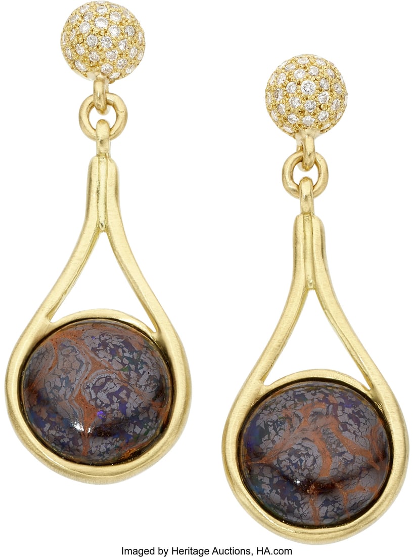 Boulder Opal, Diamond, Gold Earrings Stones: Fu (1 of 1)
