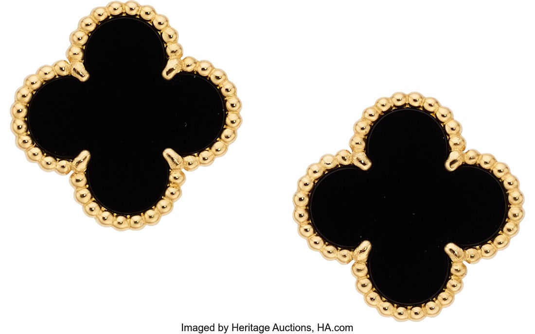 Van Cleef & Arpels Onyx, Gold Earrings, French: Van Cleef & Arpels Onyx, Gold Earrings, French Stones: Carved black onyx Metal: 18k gold Marked: for Van Cleef & Arpels; French hallmarks Collection: V
