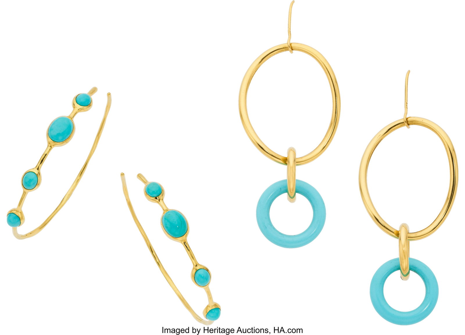 Faraone Mennella & Ippolita Turquoise, Gold Earr: Faraone Mennella & Ippolita Turquoise, Gold Earrings Stones: Carved turquoise; turquoise cabochons Metal: 18k gold Marked: for Faraone Mennella (drop earrings&rpa