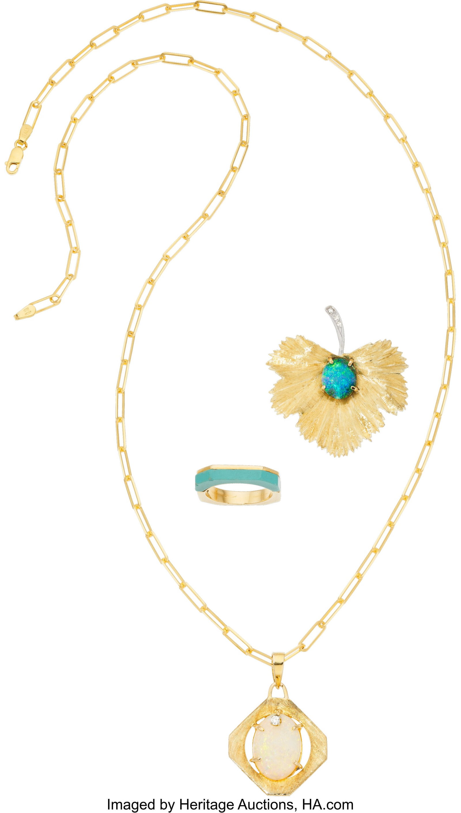 Multi-Stone, Diamond, Gold Jewelry Stones: Oval: Multi-Stone, Diamond, Gold Jewelry Stones: Oval-shaped opal cabochons; carved turquoise; full-cut diamond, single-cut diamonds Metal: 14k gold, 10k gold G