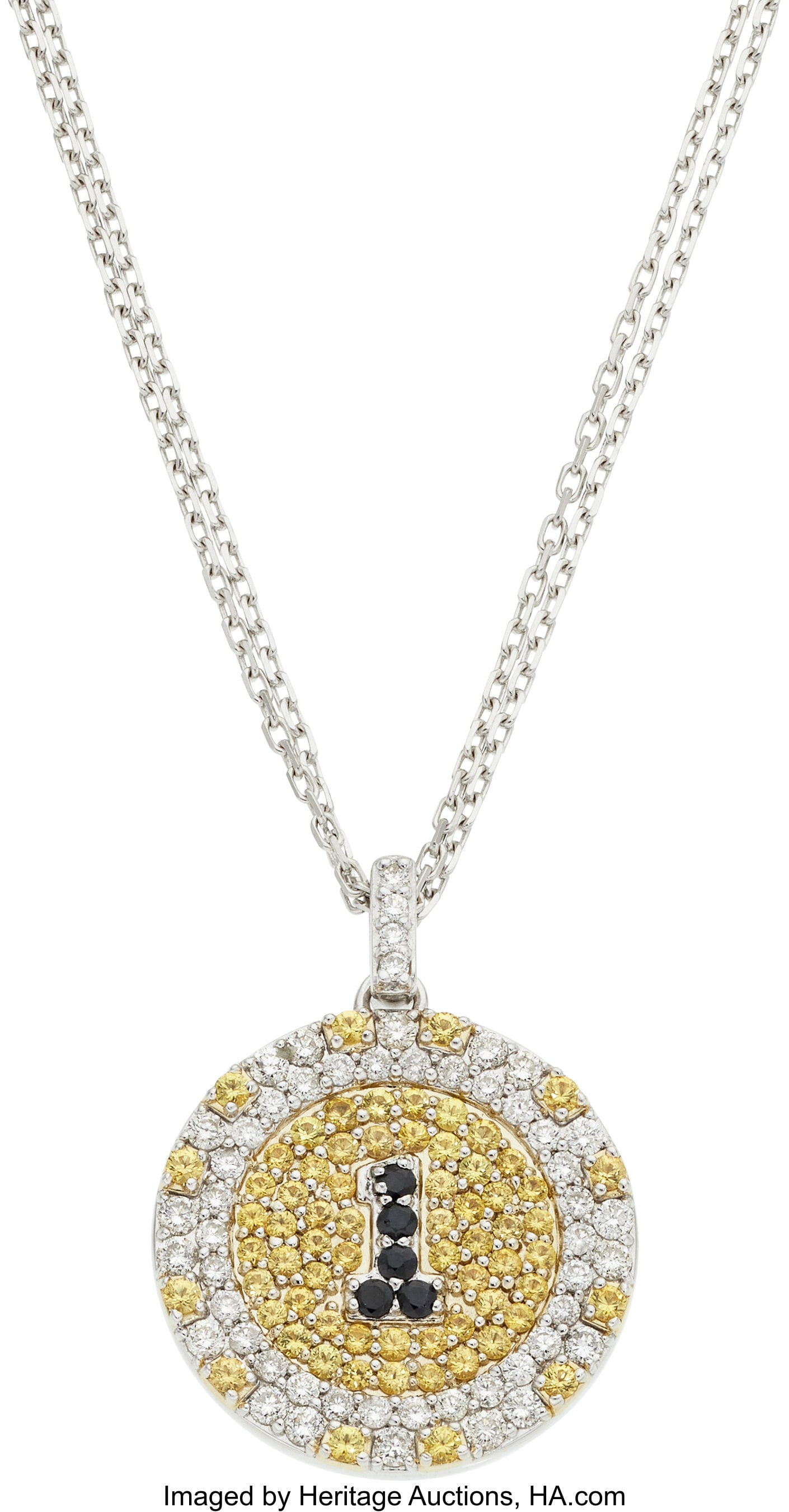 Colored Diamond, Diamond, White Gold Pendant-Nec: Colored Diamond, Diamond, White Gold Pendant-Necklace Stones: Full-cut yellow diamonds weighing a total of approximately 0.80 carat; full-cut near-colorless diamonds weig