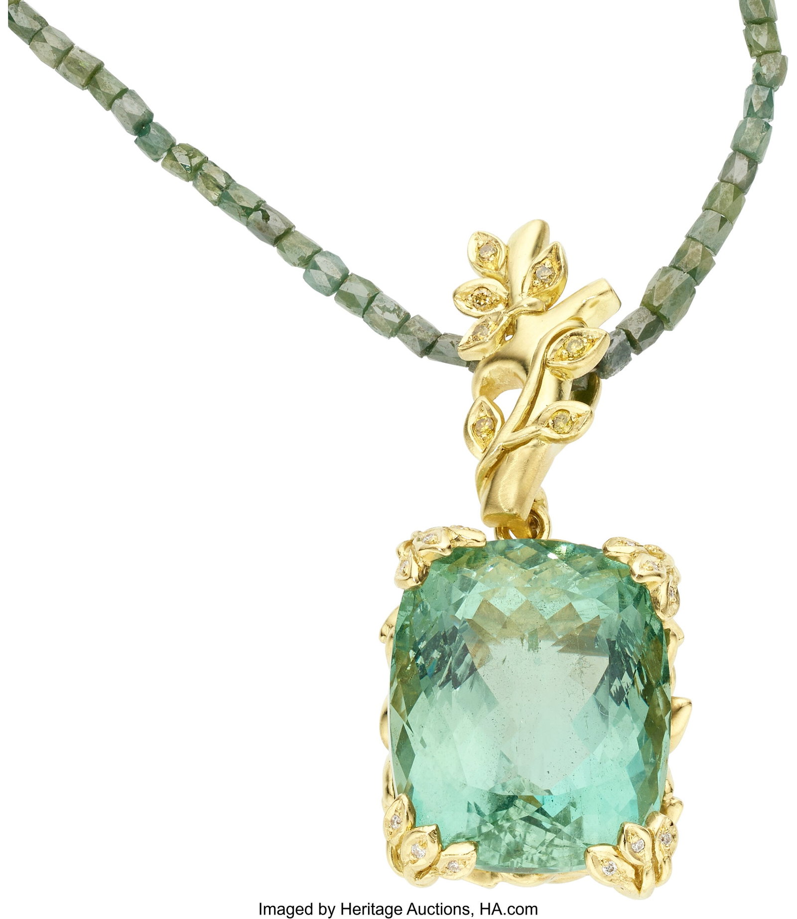 Robin Rotenier Aquamarine, Diamond, Colored Diam: Robin Rotenier Aquamarine, Diamond, Colored Diamond, Gold Pendant-Necklace Stones: Cushion-shaped aquamarine weighing approximately 34.50 carats; full-cut yellow an