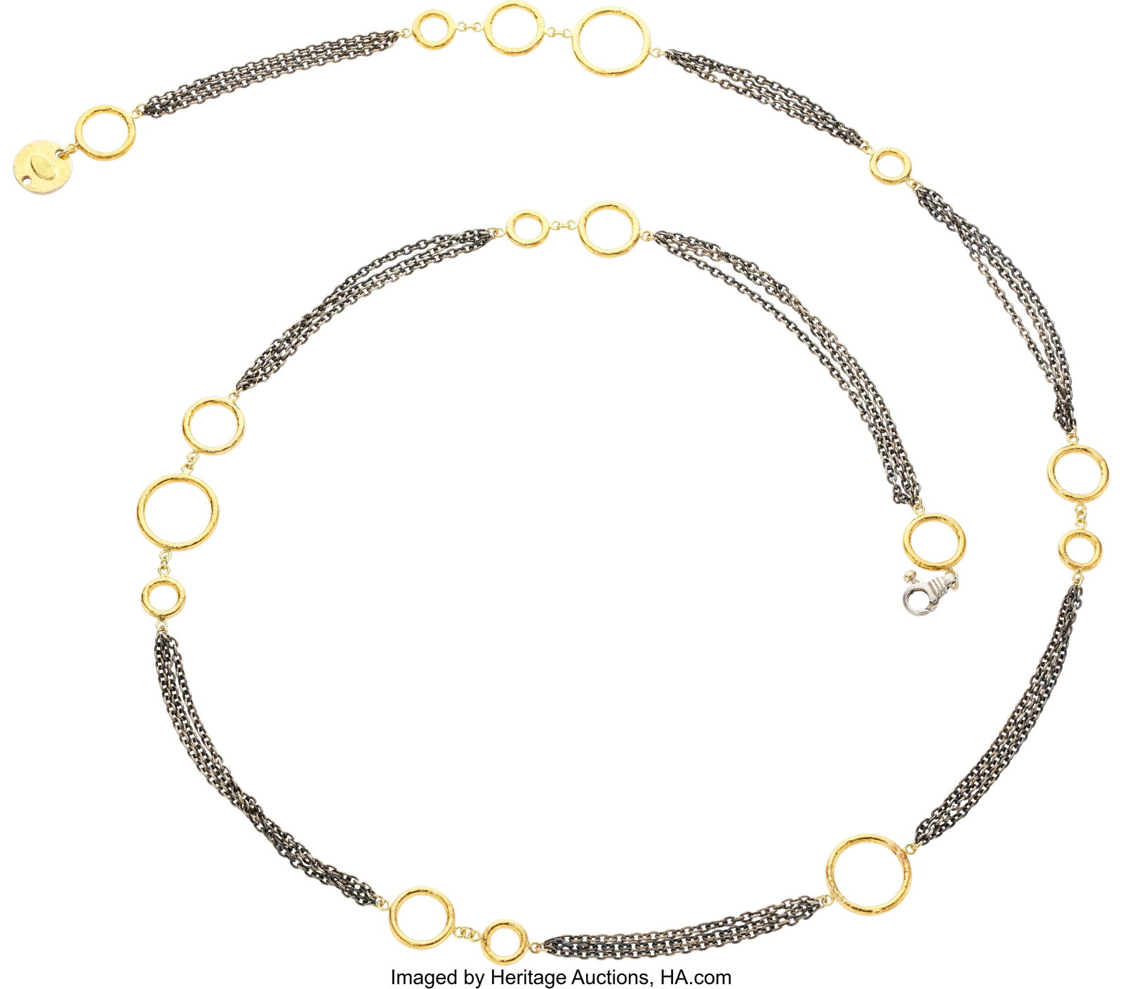 Gold, Silver Necklace Metal: 24k gold, silver G: Gold, Silver Necklace Metal: 24k gold, silver Gross Weight: 44.30 grams Dimensions: 36 inches x 11/16 inch (widest ring) Collection of an East Coast
