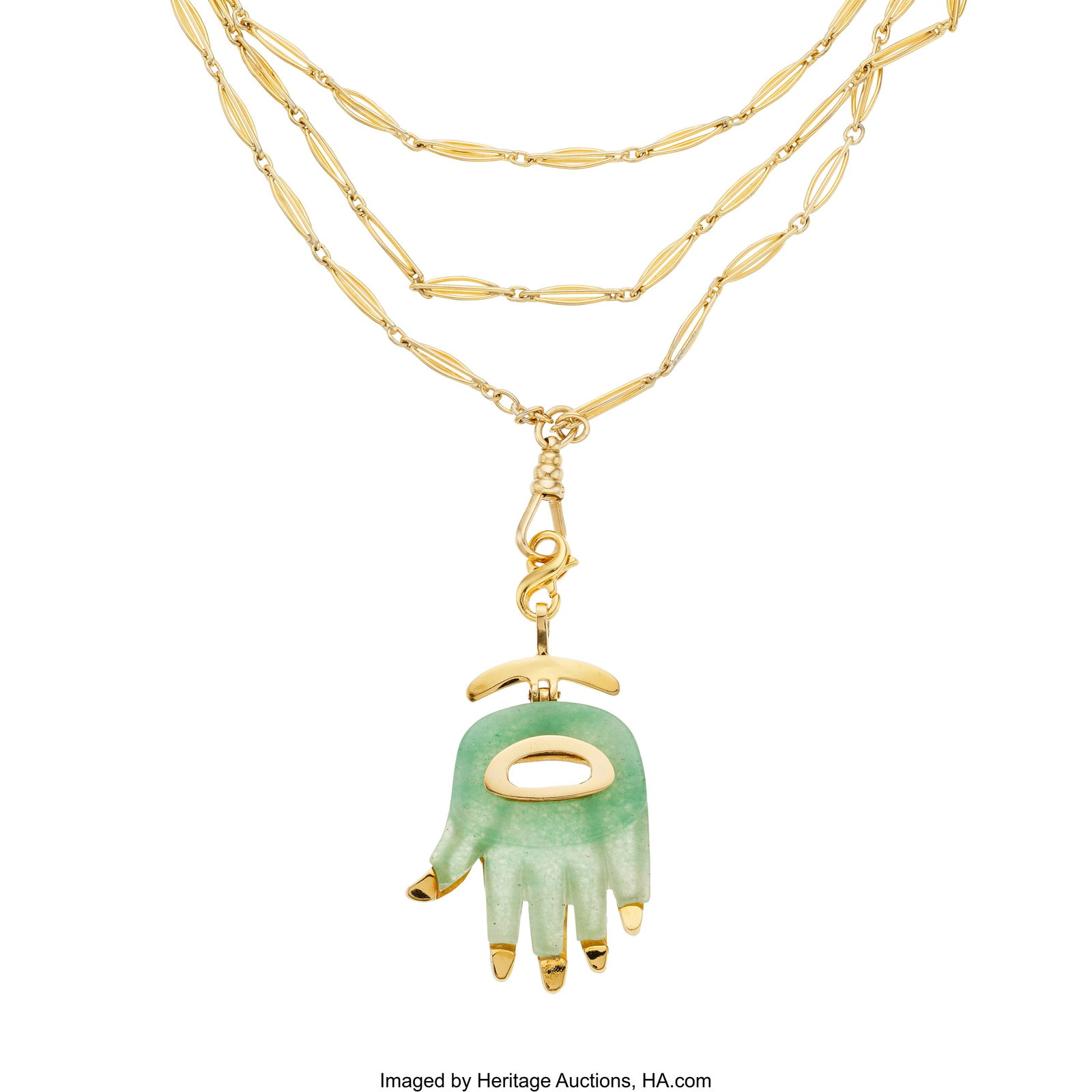 Aldo Cipullo Jadeite Jade, Gold Pendant-Necklace: Aldo Cipullo Jadeite Jade, Gold Pendant-Necklace Stone: Carved jadeite jade Metal: 18k and 14k gold Marked: A. Cipullo Gross Weight: 33.50 grams Chain Lengt