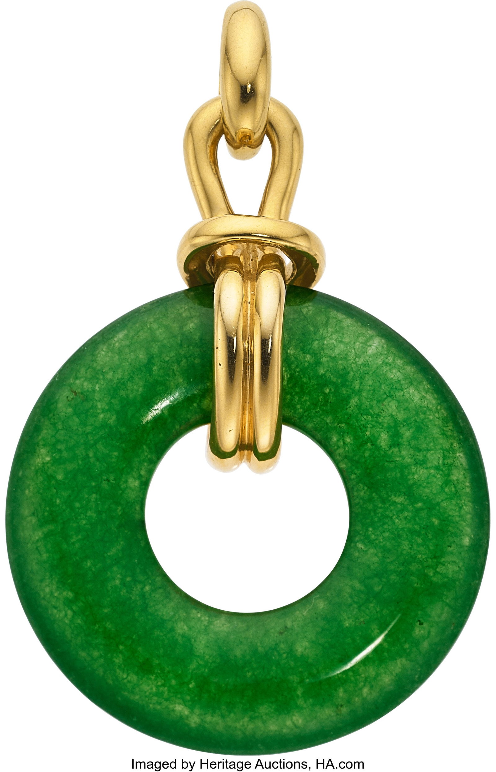 Aldo Cipullo for Cartier Jadeite Jade, Gold Pend: Aldo Cipullo for Cartier Jadeite Jade, Gold Pendant, circa 1972 Stones: Dyed jadeite jade hololith Metal: 18k gold Marked: A. Cipullo; Cartier Gross Weight&co