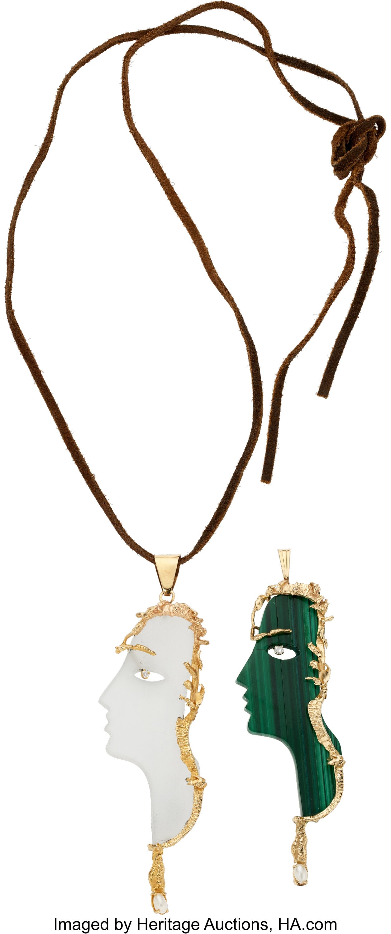 Multi-Stone, Diamond, Cultured Pearl, Gold Penda: Multi-Stone, Diamond, Cultured Pearl, Gold Pendants Stones: Full-cut diamonds weighing a total of approximately 0.10 carat; carved rock crystal quartz and malachite