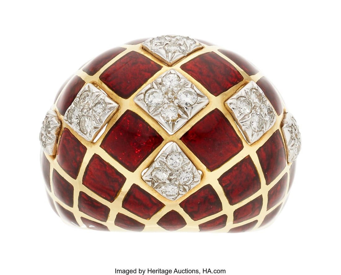 David Webb Diamond, Enamel, Platinum, Gold Ring: David Webb Diamond, Enamel, Platinum, Gold Ring Stones: Full-cut diamonds weighing a total of approximately 0.65 carat Element: Enamel Metal: Platinum and 18