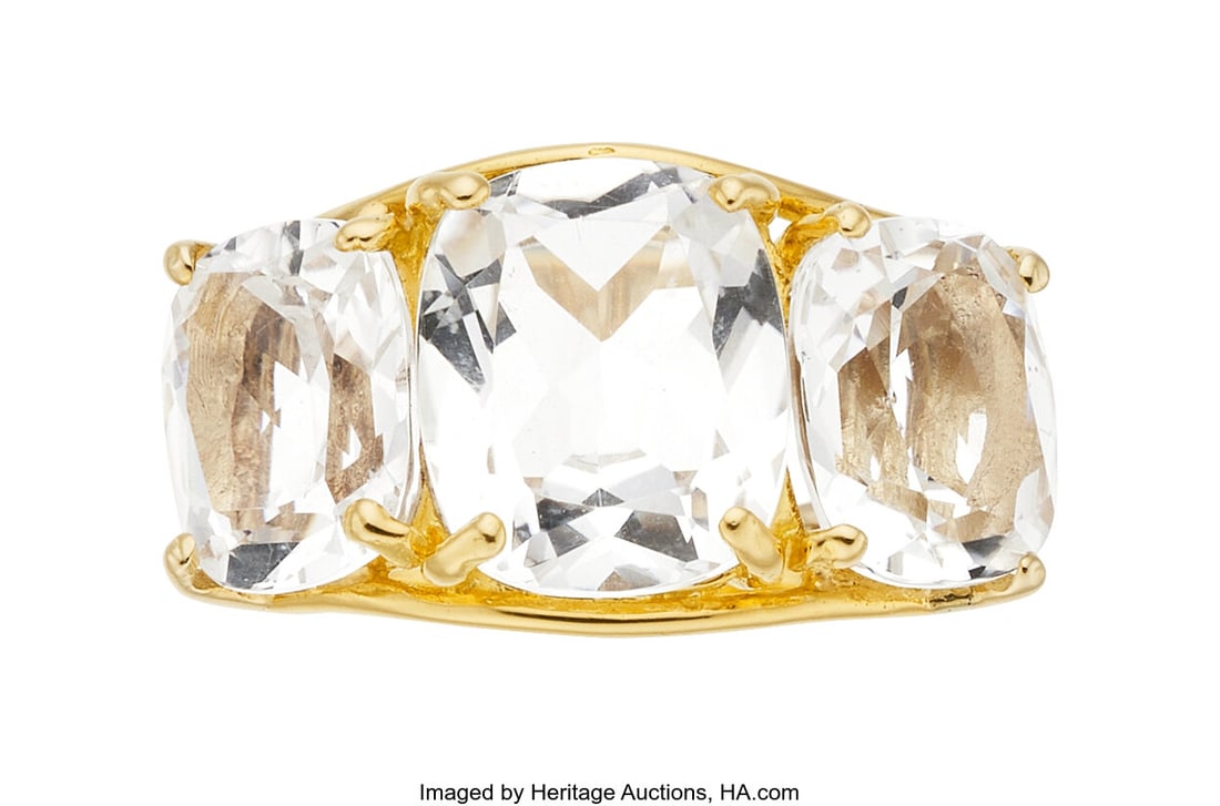 Topaz, Gold Ring Stones: Cushion-shaped topaz: Topaz, Gold Ring Stones: Cushion-shaped topaz Metal: 18k gold Gross Weight: 10.70 grams Dimensions: 6 (sizeable) Collection of an East Coast Renaissance