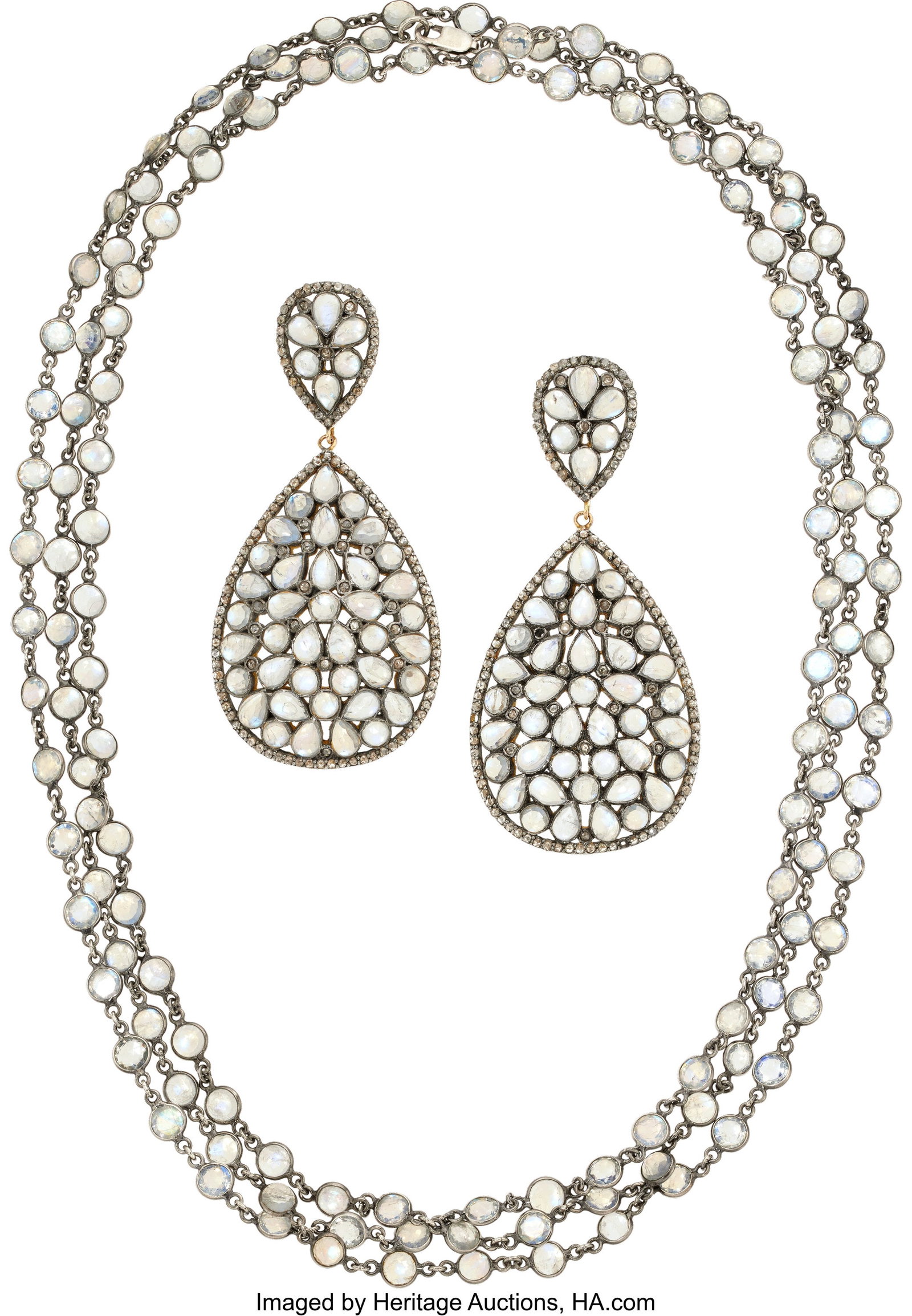 Moonstone, Diamond, Gold, Silver, Yellow Metal J: Moonstone, Diamond, Gold, Silver, Yellow Metal Jewelry Suite Stones: Checkerboard-faceted moonstone; rose-cut diamonds Metal: 14k gold, silver, and