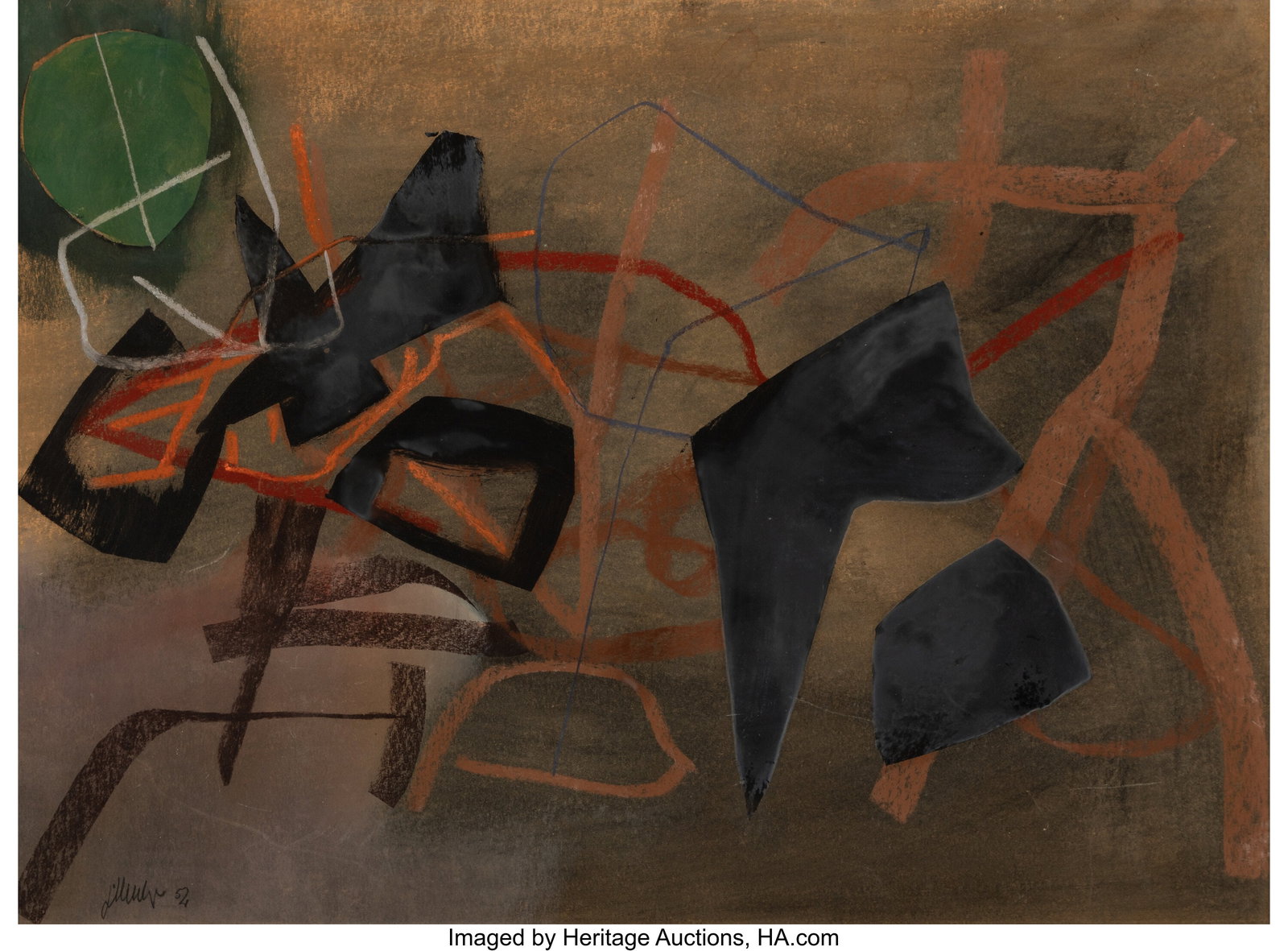 Fritz Winter (1905-1976) Untitled, 1952 Mixed me: Fritz Winter (1905-1976) Untitled, 1952 Mixed media on cardboard mounted on hardboard 19-1/2 x 27 inches (49.5 x 68.6 cm) Signed and dated lower left: