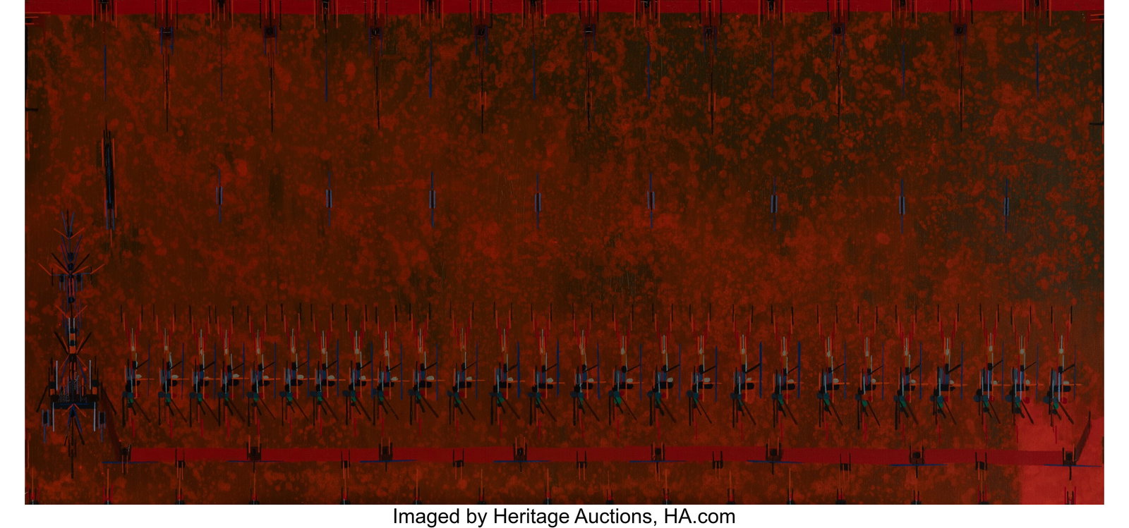 Lee Mullican (1919-1998) Untitled, 1971 Acrylic : Lee Mullican (1919-1998) Untitled, 1971 Acrylic on canvas 35 x 75 inches (88.9 x 190.5 cm) Signed, dated, and inscribed on the reverse: Lee Mu