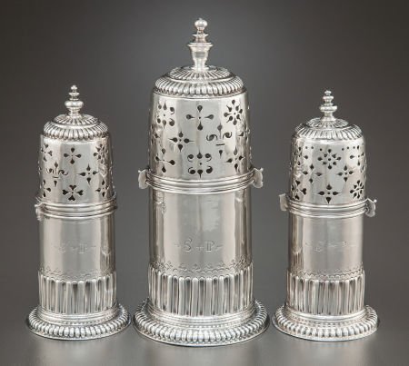 A SET OF THREE ROBERT TIMBRELL WILLIAM III SILVE: A SET OF THREE ROBERT TIMBRELL WILLIAM III SILVER MUFFINEERS Robert Timbrell, London,