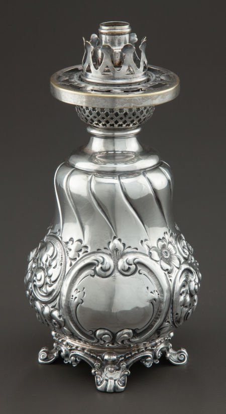 A MAUSER SILVER OIL LAMP The Mauser Manufacturi: A MAUSER SILVER OIL LAMP The Mauser Manufacturing Company, New York, New York, circa