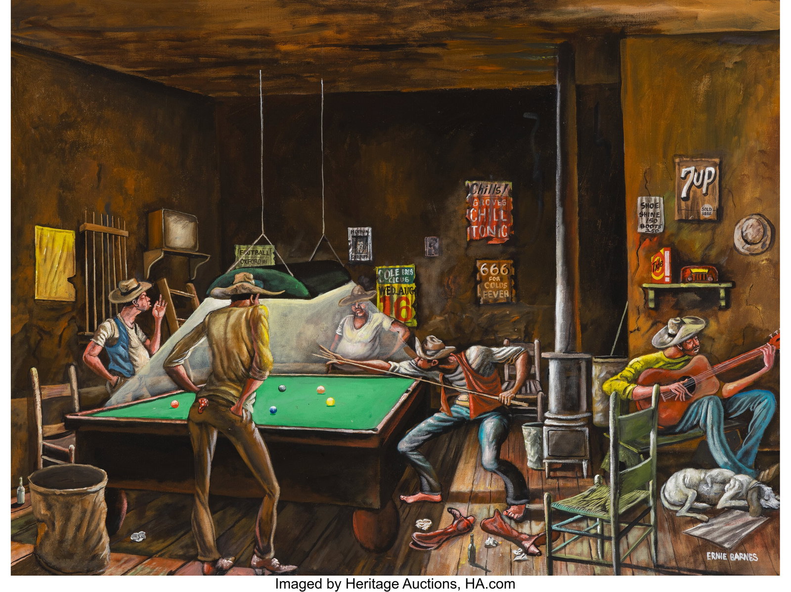 Ernie Barnes (American, 1938-2009) The Trick Sho: Ernie Barnes (American, 1938-2009) The Trick Shot, 1983 Acrylic on canvas 29-1/2 x 39-1/2 inches (74.9 x 100.3 cm) Signed lower right: ERNIE