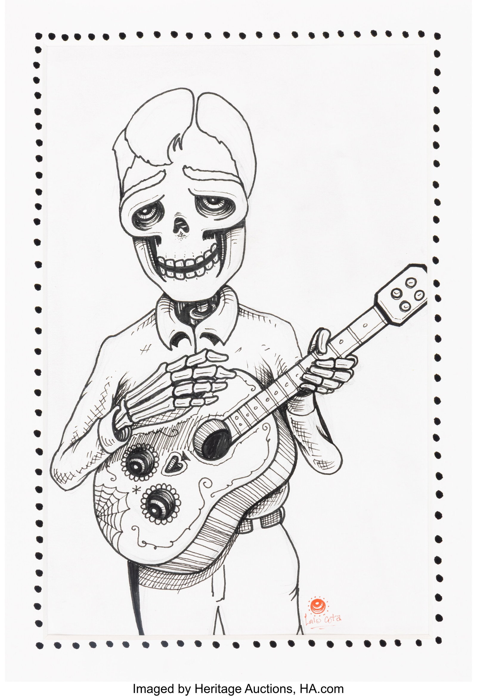 Lalo Cota (20th Century) El Guitarrista Ink on p: Lalo Cota (20th Century) El Guitarrista Ink on paper with hand embellished matt 10 x 7 inches (25.4 x 17.8 cm) (sight) Signed lower right: Lalo Cota T