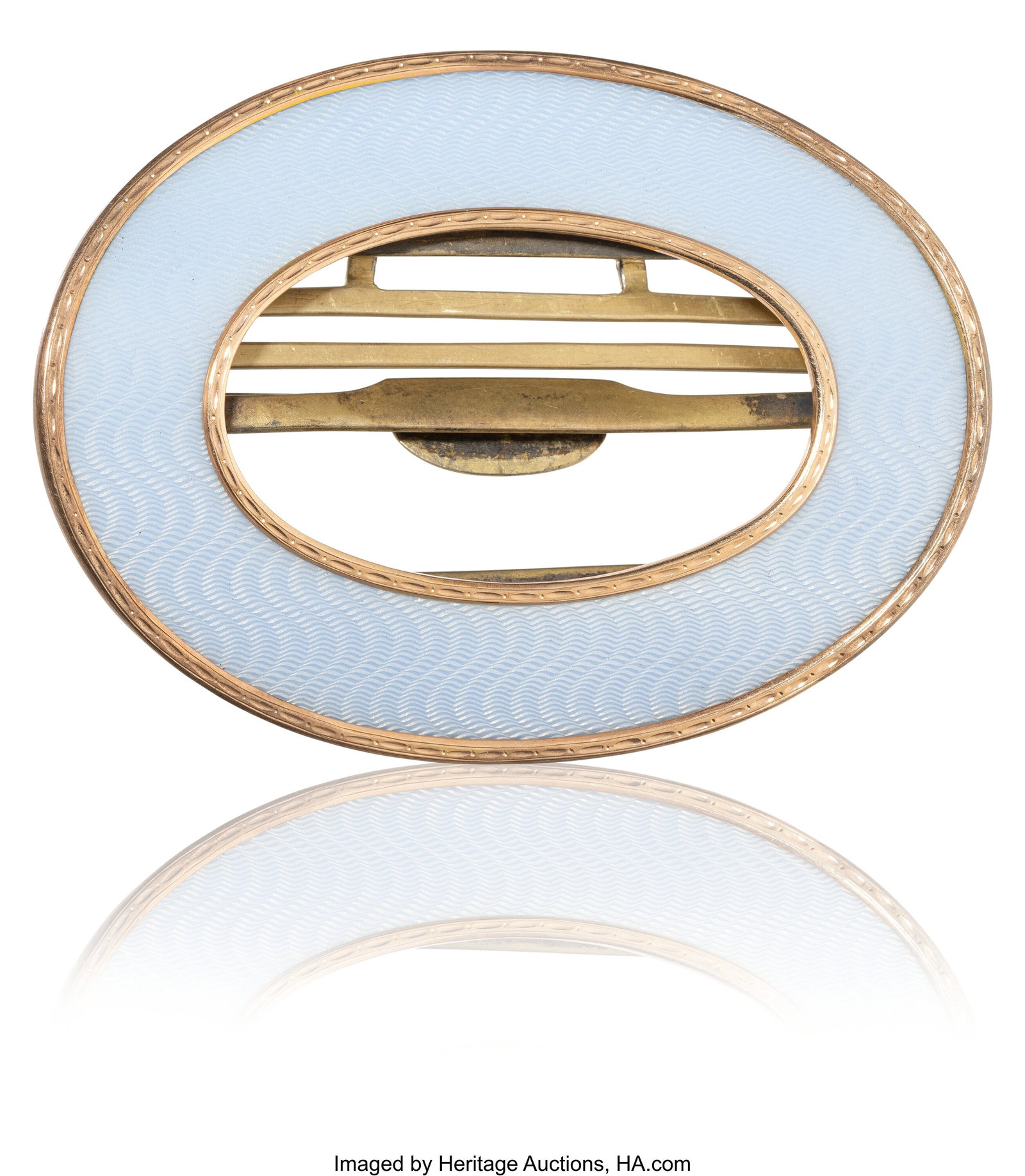 A Baden Grand Ducal Fabergé Translucent Blue Gu: A Baden Grand Ducal Fabergé Translucent Blue Guilloché Enameled Gold-Mounted Silver Belt Buckle Fabergé, Workmaster Henrik Wigström, St. Petersburg, 