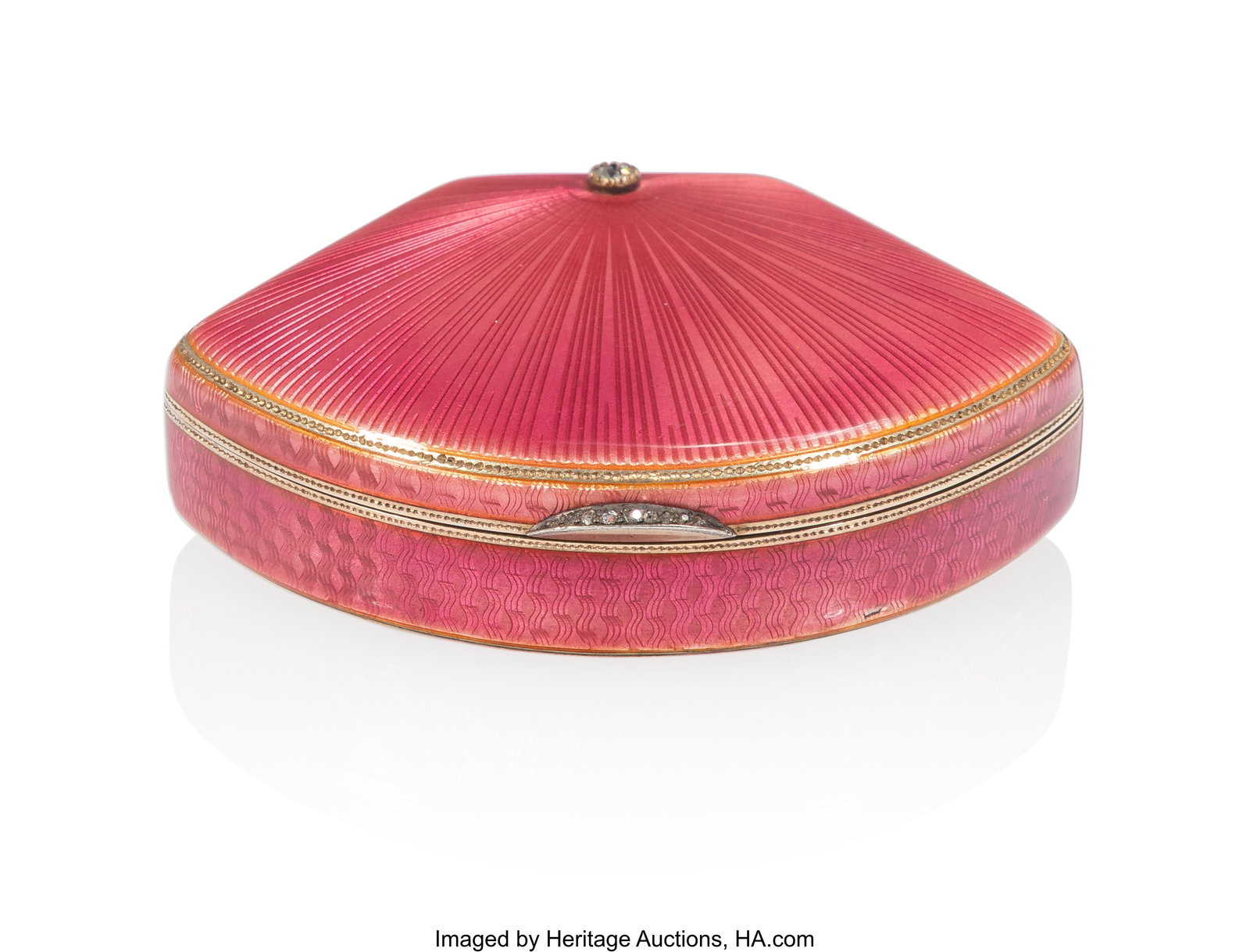 A Fabergé Fan-Shaped Diamond-Set Translucent Pi: A Fabergé Fan-Shaped Diamond-Set Translucent Pink Guilloché Enameled Gilt-Silver Bonbonnière Fabergé, with Imperial Warrant, Moscow, 1899-1908, and 