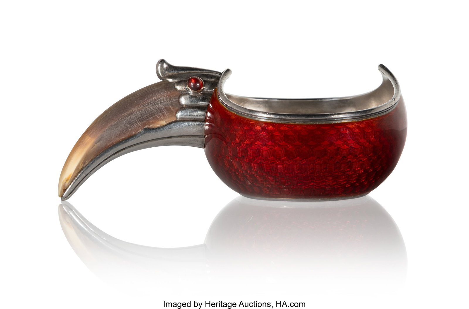 A Fabergé Translucent Red Guilloché Enamel and: A Fabergé Translucent Red Guilloché Enamel and Gem-set Toucan-Form Charka Fabergé, Workmaster Anna Ringe, St. Petersburg, 1896-1908, and with scratc