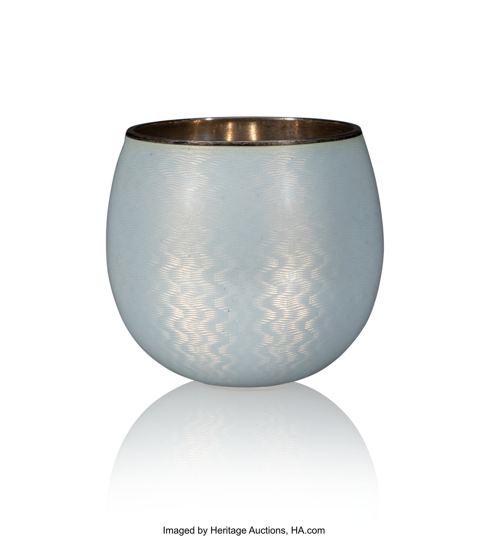 A Fabergé Translucent White Guilloché Enameled: A Fabergé Translucent White Guilloché Enameled Silver Tumbler: Van'ka-vstan'ka Fabergé, Workmaster A.R., 1896-1908, and with scratched invent