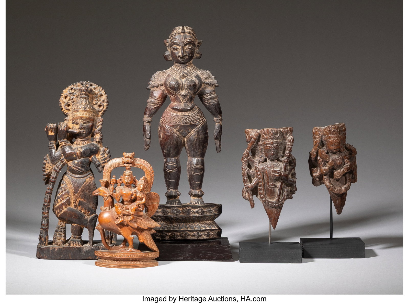 Five Indian Carved Wood Deities 11 x 4 x 1-1/2 i: Five Indian Carved Wood Deities 11 x 4 x 1-1/2 inches (27.9 x 10.2 x 3.8 cm) (tallest, work) 12 x 8-3/8 x 3 inches (30.5 x 21.