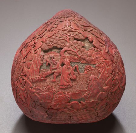 A CHINESE CINNABAR BOX China, Qing Dynasty 3-3/4: A CHINESE CINNABAR BOX China, Qing Dynasty 3-3/4 inches high x 5 inches wide (9.5 x 12.7