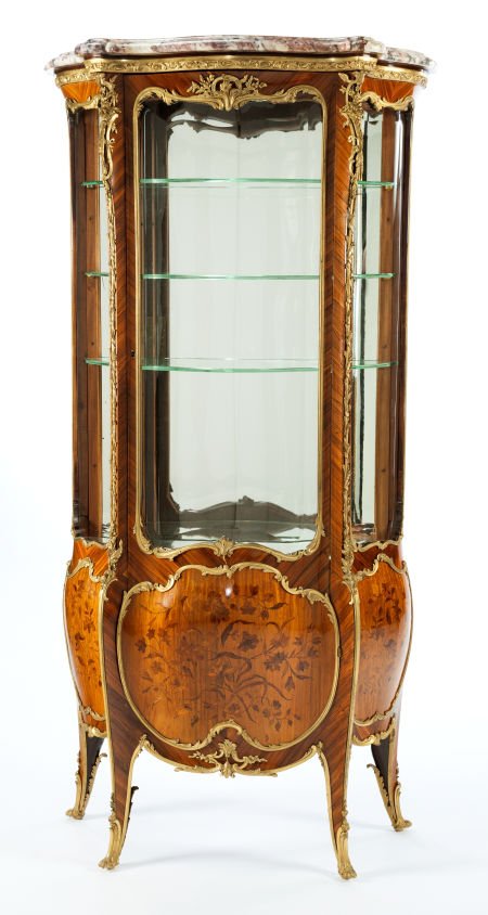 A JOSEPH-EMMANUEL ZWIENER LOUIS XV-STYLE GILT BR: A JOSEPH-EMMANUEL ZWIENER LOUIS XV-STYLE GILT BRONZE, SATINWOOD AND FRUITWOOD VITRINE 