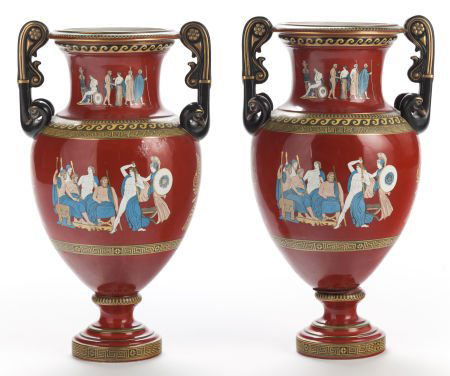 A PAIR OF NEOCLASSICAL-STYLE EARTHENWARE AMPHORA: A PAIR OF NEOCLASSICAL-STYLE EARTHENWARE AMPHORA VASES Late 18th century24 inches