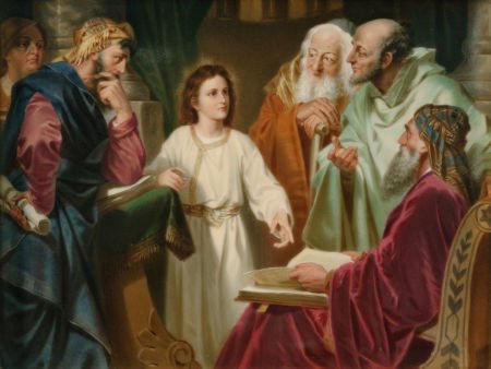 A FRAMED KPM PAINTED PORCELAIN PLAQUE: JESUS IN: A FRAMED KPM PAINTED PORCELAIN PLAQUE: JESUS IN THE TEMPLE WITH ELDERS<