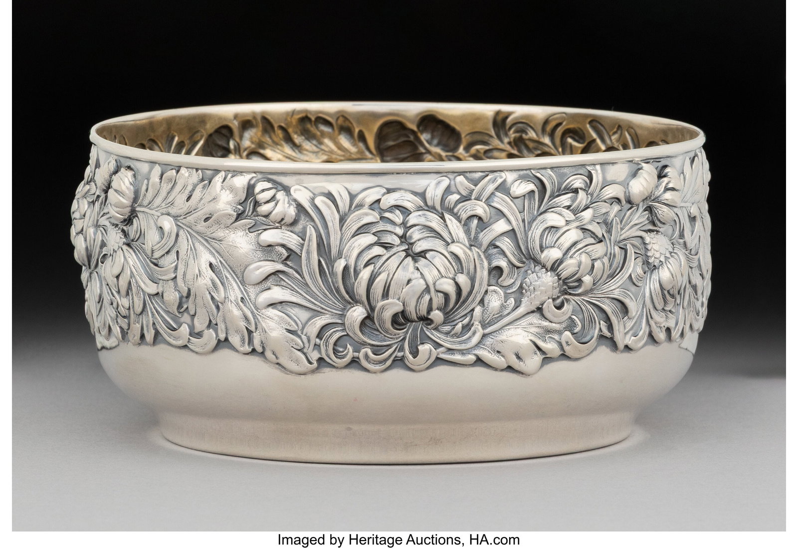 A George W. Shiebler & Co. Partial Gilt Silver C: A George W. Shiebler & Co. Partial Gilt Silver Chrysanthemum Bowl, New York, circa 1900 Marks: (winged-S), STERLING, 3643 2-1/4 x 4-5/