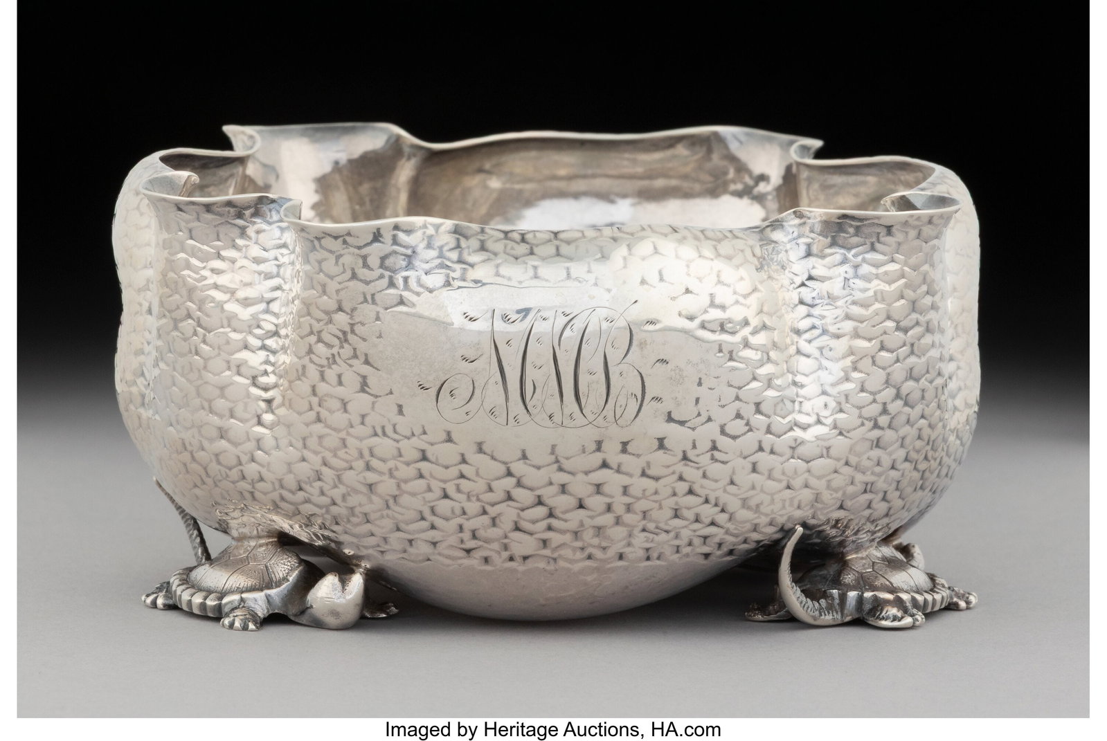 A Wood & Hughes Silver Ruffled Textured Bowl on : A Wood & Hughes Silver Ruffled Textured Bowl on Turtle-Form Feet, New York, late 19th century Marks: STERLING, W&H, 164 2-1/8 x 5 x 4-7/8 inches (5&p