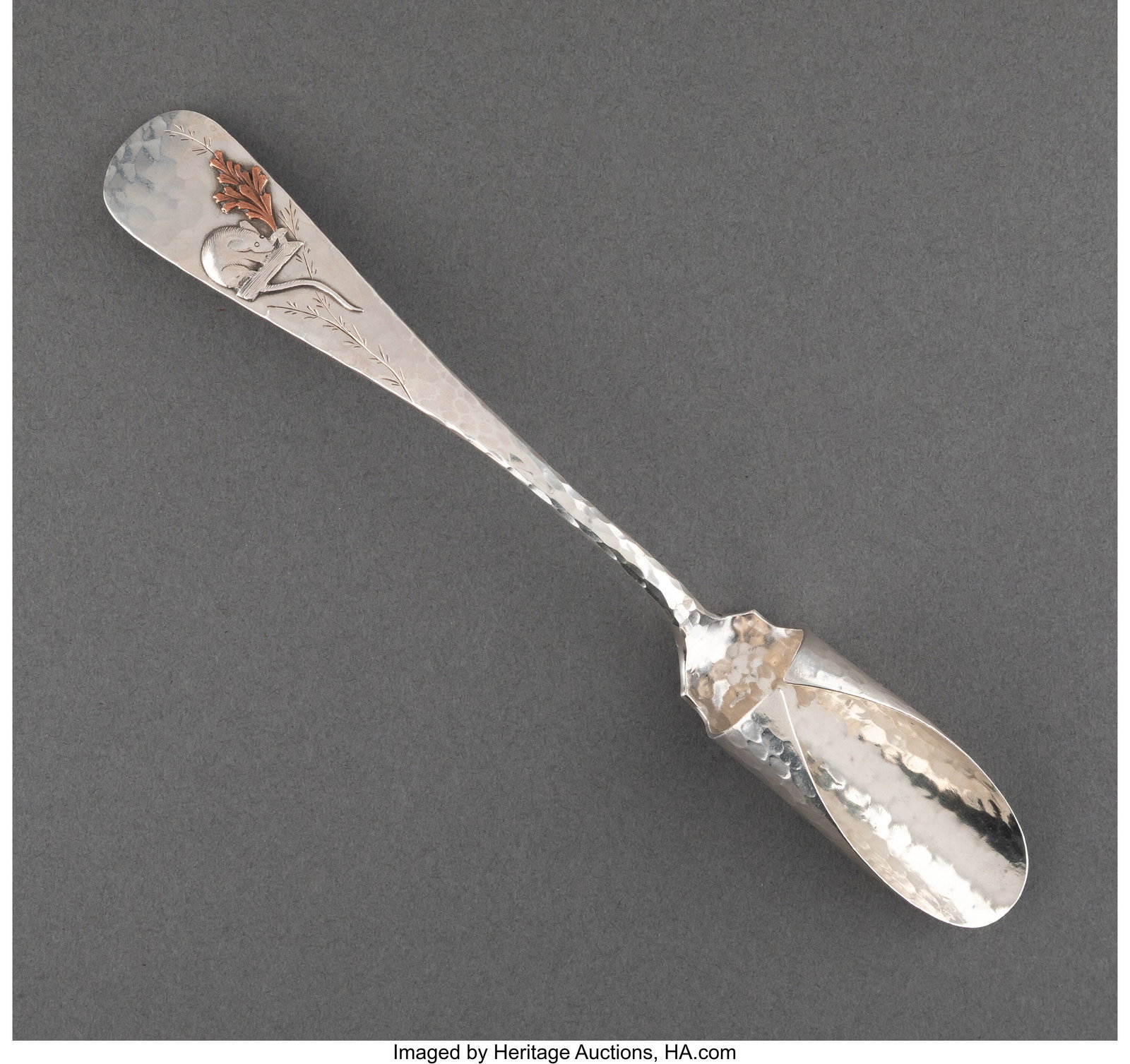 A Whiting Mfg. Co. Partial Gilt Silver & Mixed M: A Whiting Mfg. Co. Partial Gilt Silver & Mixed Metal Soft Cheese Scoop with Applied Mouse, New York, circa 1880 Marks: 3, (W-griffin), STERLIN