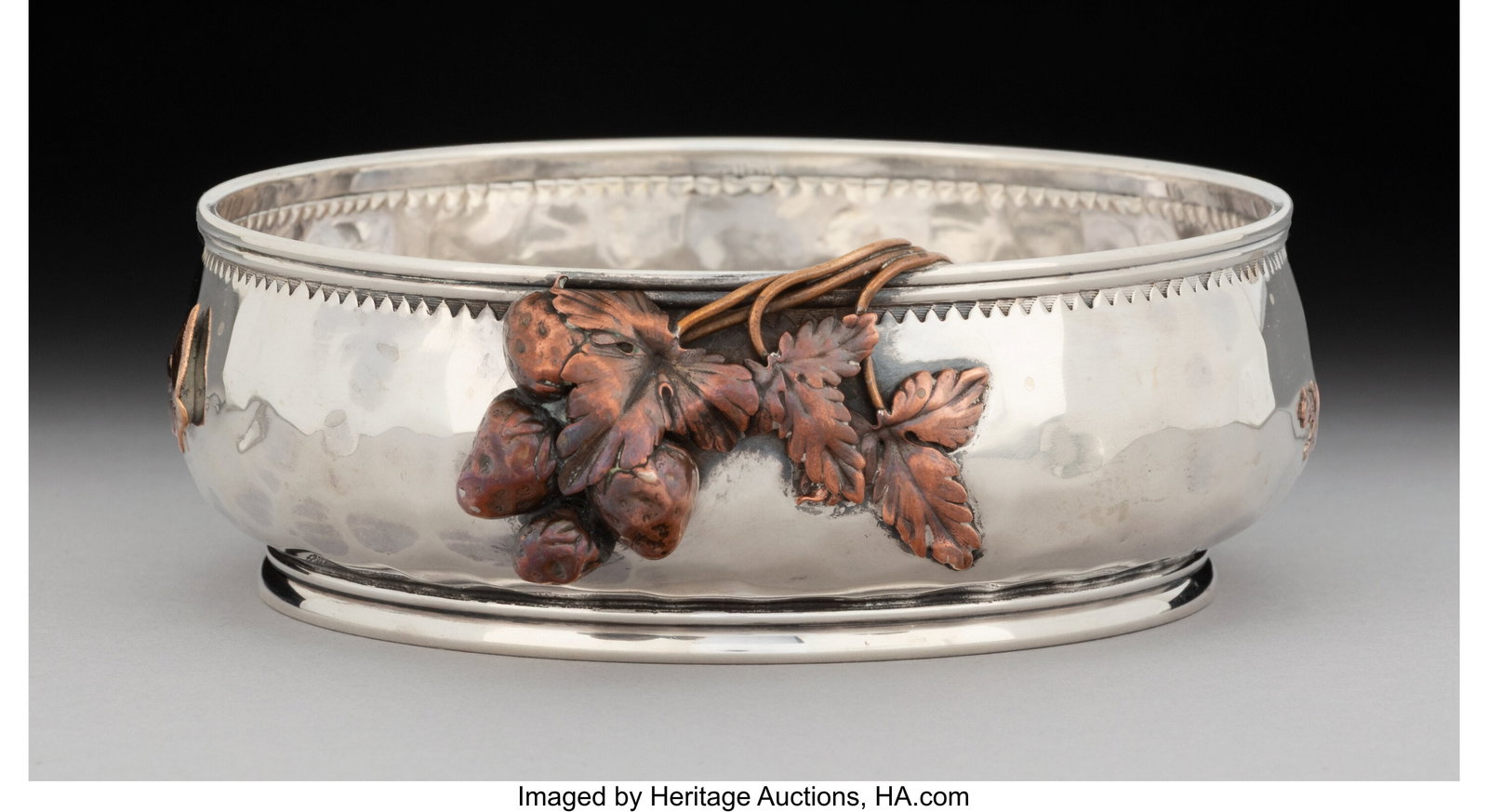 A Gorham Mfg. Co. Hand-Hammered Silver & Mixed M: A Gorham Mfg. Co. Hand-Hammered Silver & Mixed Metal Bowl with Applied Decoration, Providence, Rhode Island, 1882 Marks: (lion-anchor-G), STER