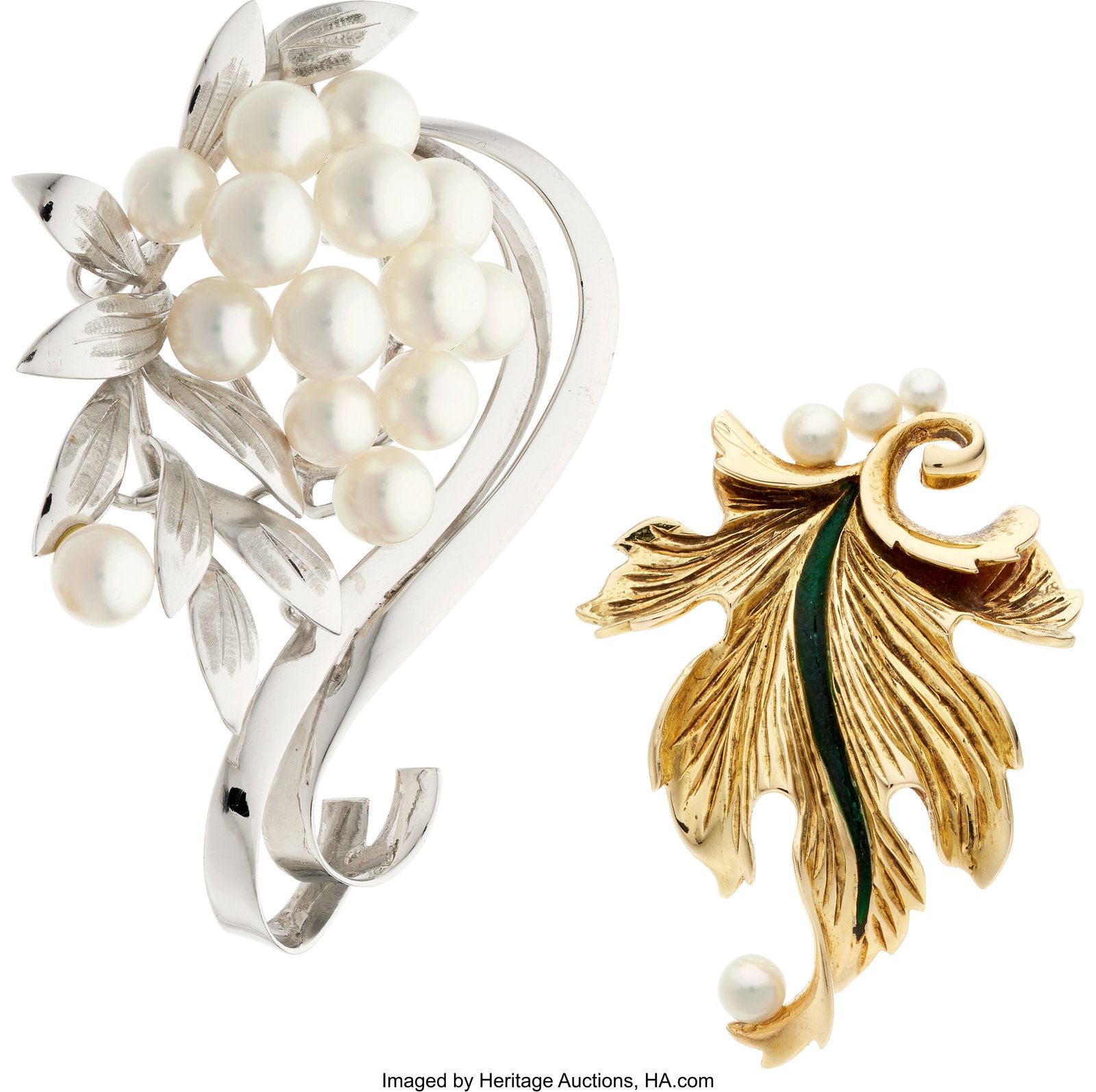 Cultured Pearl, Enamel, Gold Brooches Pearls: C: Cultured Pearl, Enamel, Gold Brooches Pearls: Cultured pearls measuring approximately 3.00 mm - 7.20 mm Element: Enamel Metal: 14k white and yellow gold Mar