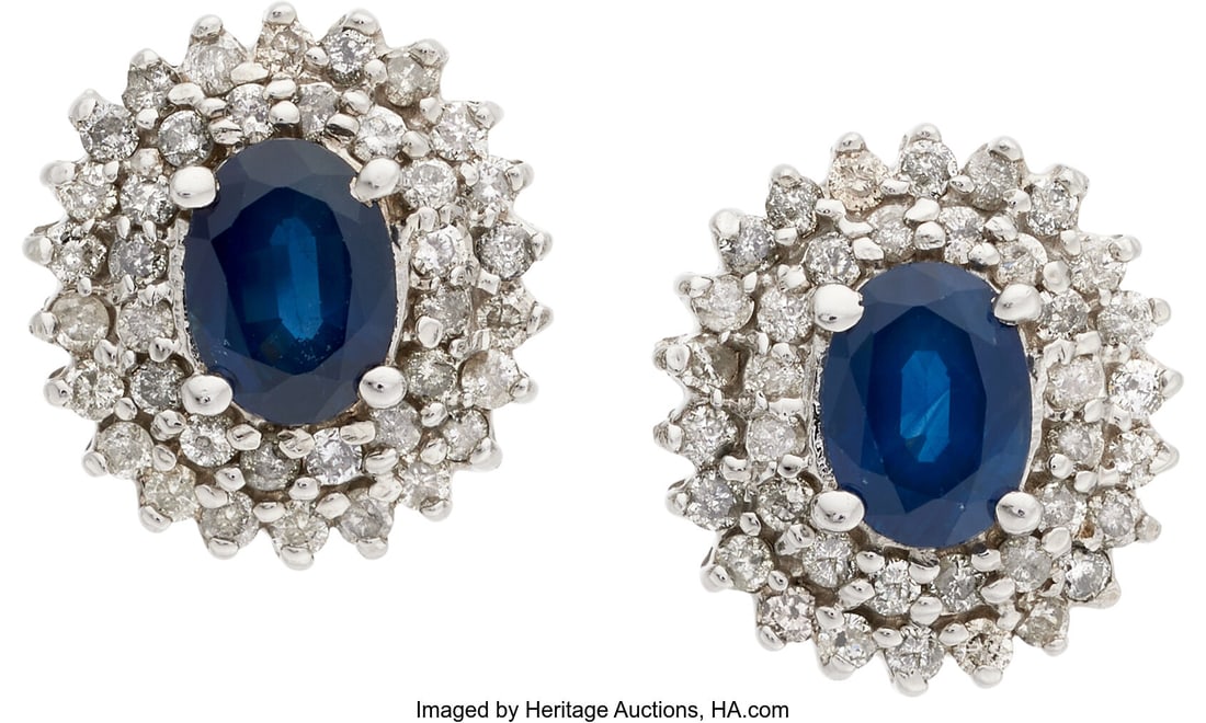 Sapphire, Diamond, White Gold Earrings Stones: : Sapphire, Diamond, White Gold Earrings Stones: Oval-shaped sapphires weighing a total of approximately 1.80 carats; full-cut diamonds weighing a total of approximately 0&